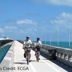 2 people biking over bridge
