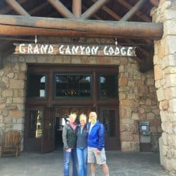 people in front of a lodge