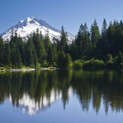 lake with a snowy mountain in the background