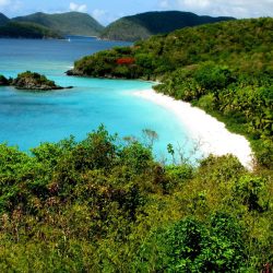 A view from above of the white sand, blue waters and green jungle at Trunk Bay in the Virgin Islands National Park on St. John island.