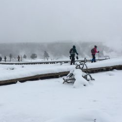 Winter snowshoe lovers wander along the boardwalks of Biscuit Basin amid steaming fumaroles and bubbling mud pots.