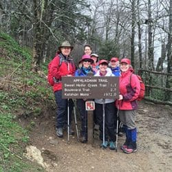 hikers in front of a trail sign
